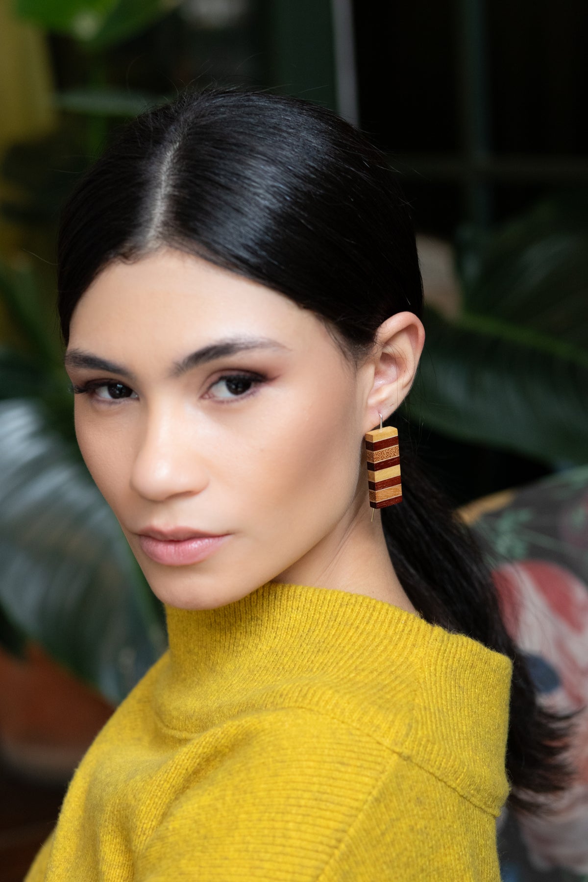 MIX WOOD RECTANGLE SILVER EARRINGS