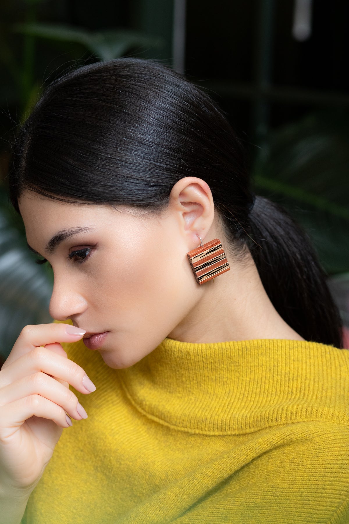 MIX WOOD SQUARE SILVER EARRINGS